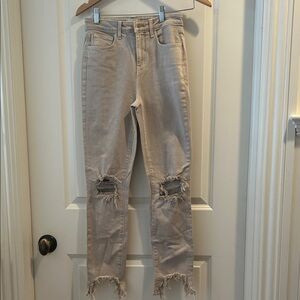 NWOT L’AGENCE High Rise distressed skinny fringed biscuit color jeans size 24